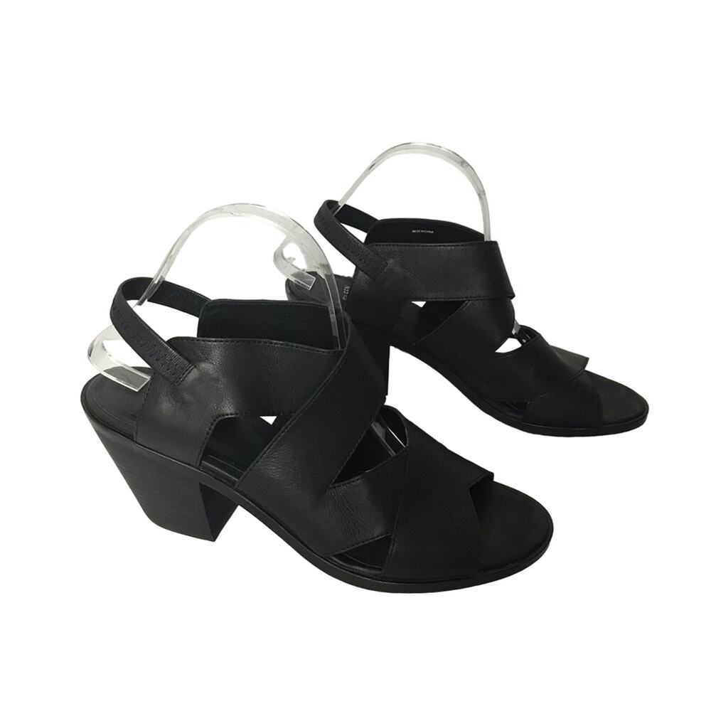Eileen Fisher Rai Black Leather Chunky Heel Straps Sling Back Sandals Size 10